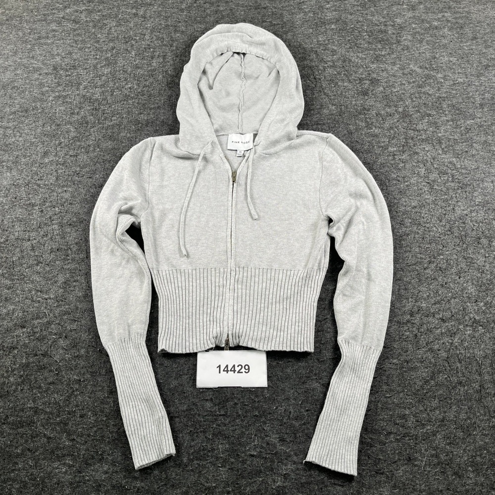 Pink Rose Crop Hoodie Womens XS Gray Ribbed Knitted Long Sleeve Full Zip Outdoor